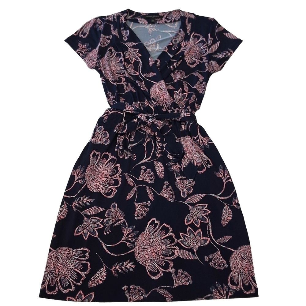 ✨2/$25 Banana Republic Black and Pink Floral Midi Tie Waist Dress With Pockets
